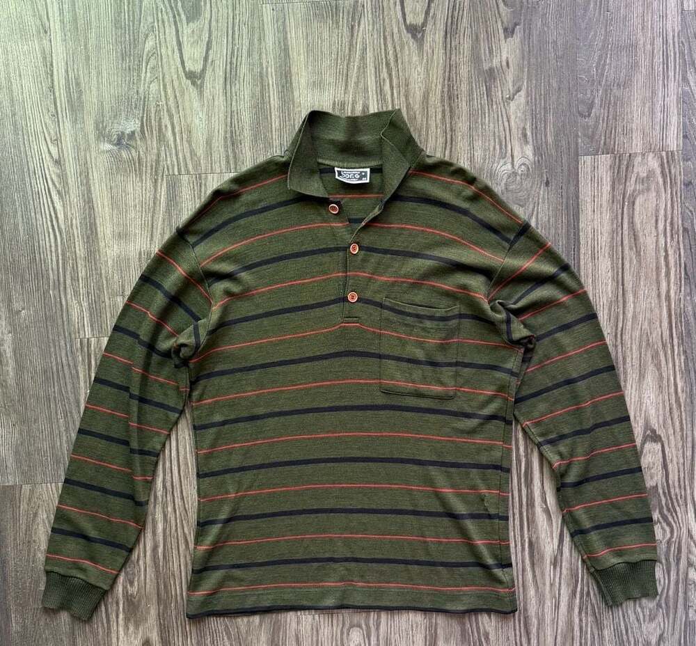 Maglieria Borg Vintage Made in Italy Olive Green Striped Long Sleeve Polo Shirt